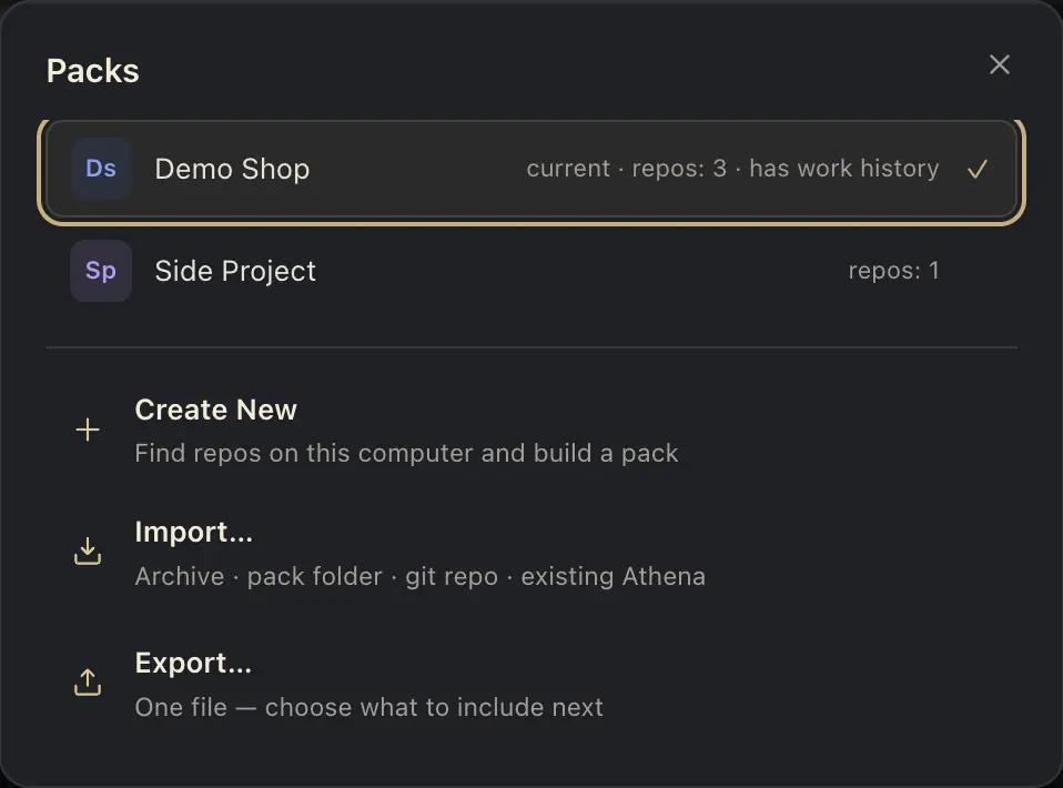 [팩] 창: Demo Shop과 Side Project, 그리고 새로 만들기 · 가져오기 · 내보내기.