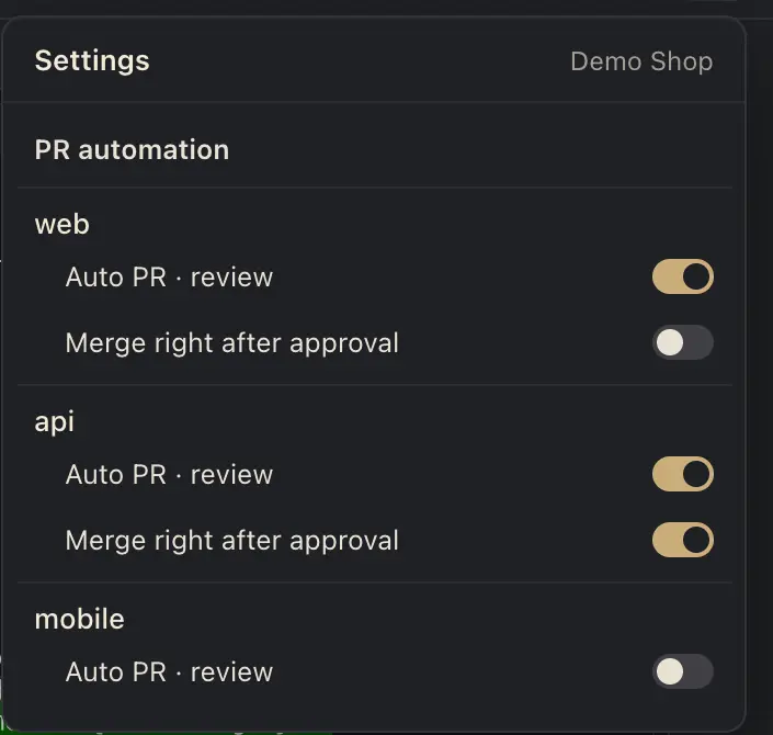 설정: web과 api는 PR 자동 머지 켬, web은 머지 전에 확인 받기 켬, mobile은 꺼짐.